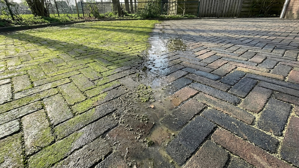 Entfernung von Grünbelag auf Ziegelfliesen