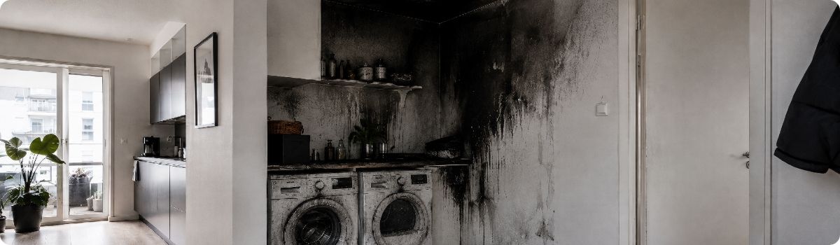 Roetaanslag op muren en plafond na brandschade in een woning